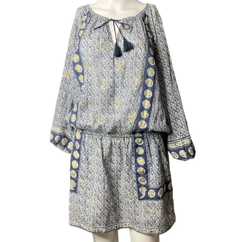 Joie Bohemian Long Sleeve Dress Blue White Yellow Size Medium